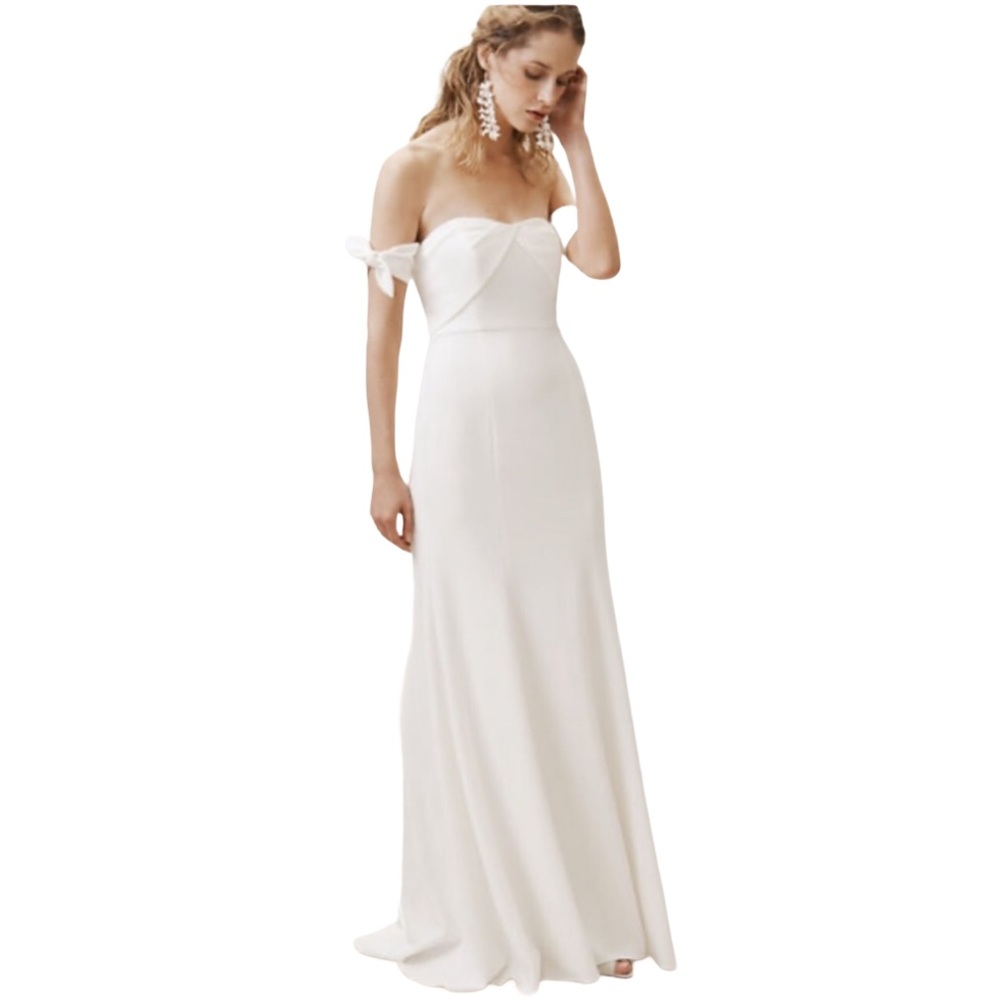 BHLDN Watters Delilah 6/ Sm Off White Ivory Crepe Off Shoulder Maxi Brisdal Gown